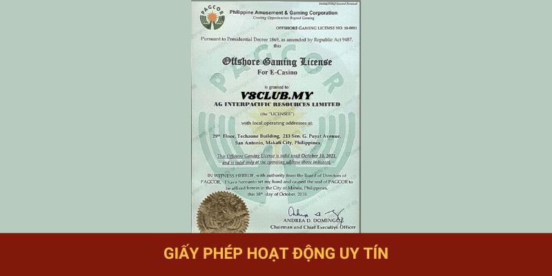 Giấy phép hoạt động uy tín